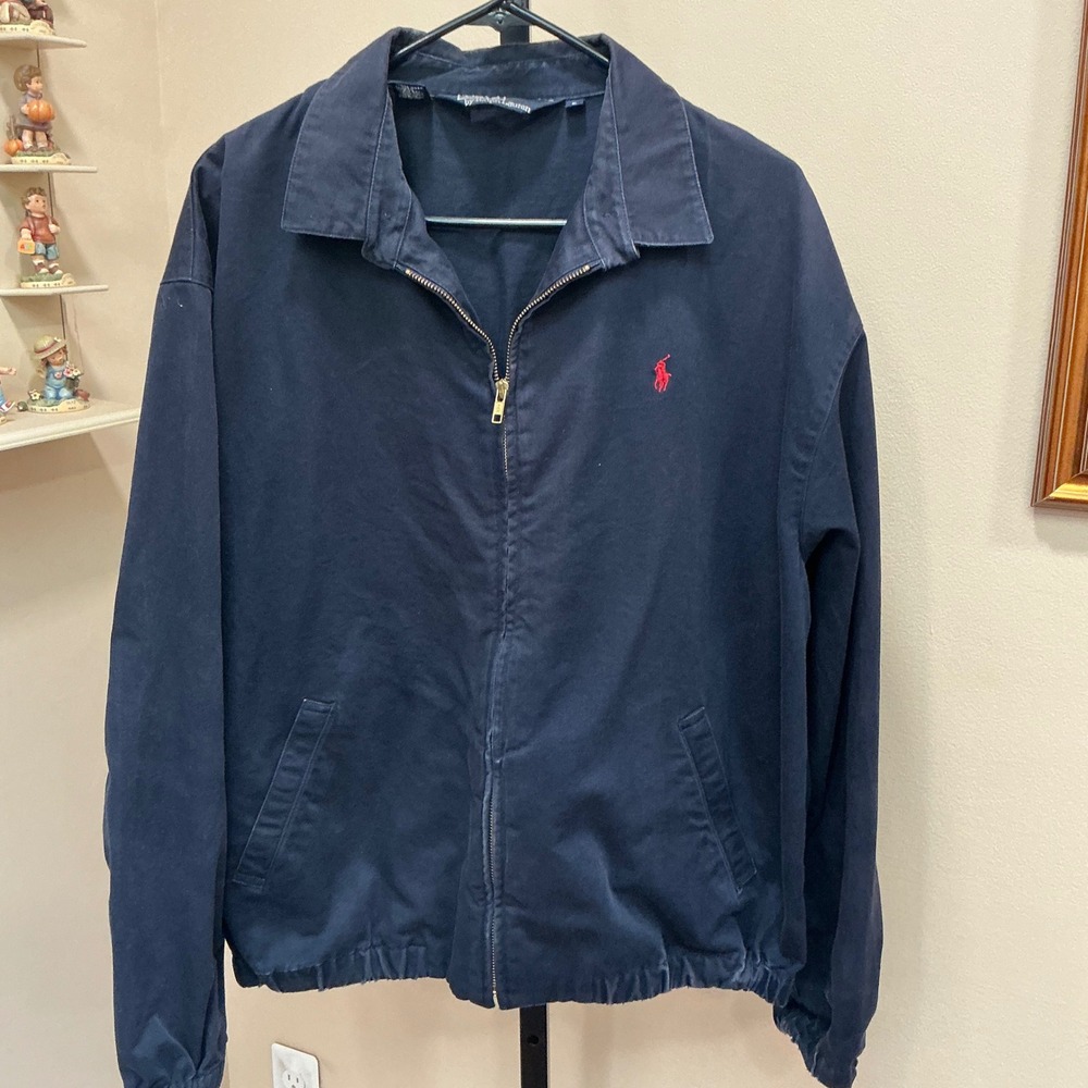 Polo Ralph Lauren Jacket Bayport Poplin Large Navy Blue Vintage Cotton Zip Pony